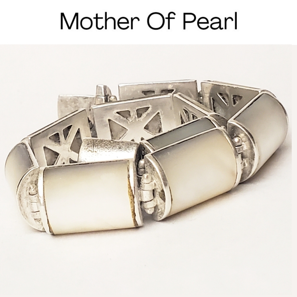 Chunky Vintage Mother-Of-Pearl Sterling Silver Bracelet